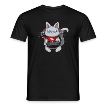Cat with headphones - playing cat - gamer cat - Men's T-Shirt - black - Front - AI Model Male 178 light (178cm)