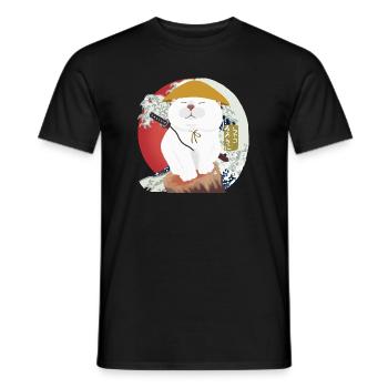 Samurai Cat sitting on the wood - Men's T-Shirt - black - Front - AI Model Male 178 light (178cm)