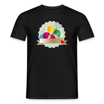 Balls of wool, button & knitting needles as a colorful patch - Men's T-Shirt - black - Front - AI Model Male 178 light (178cm)