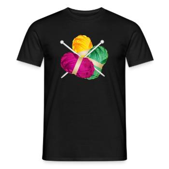 three colorful balls of wool with knitting needles - Men's T-Shirt - black - Front - AI Model Male 178 light (178cm)