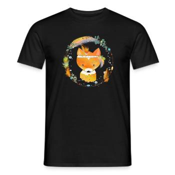 small fox with feather decoration in ethno frame - Men's T-Shirt - black - Front - AI Model Male 178 light (178cm)