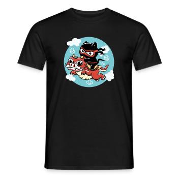 Kawaii Ninja cat riding a red dragon - Men's T-Shirt - black - Front - AI Model Male 178 light (178cm)