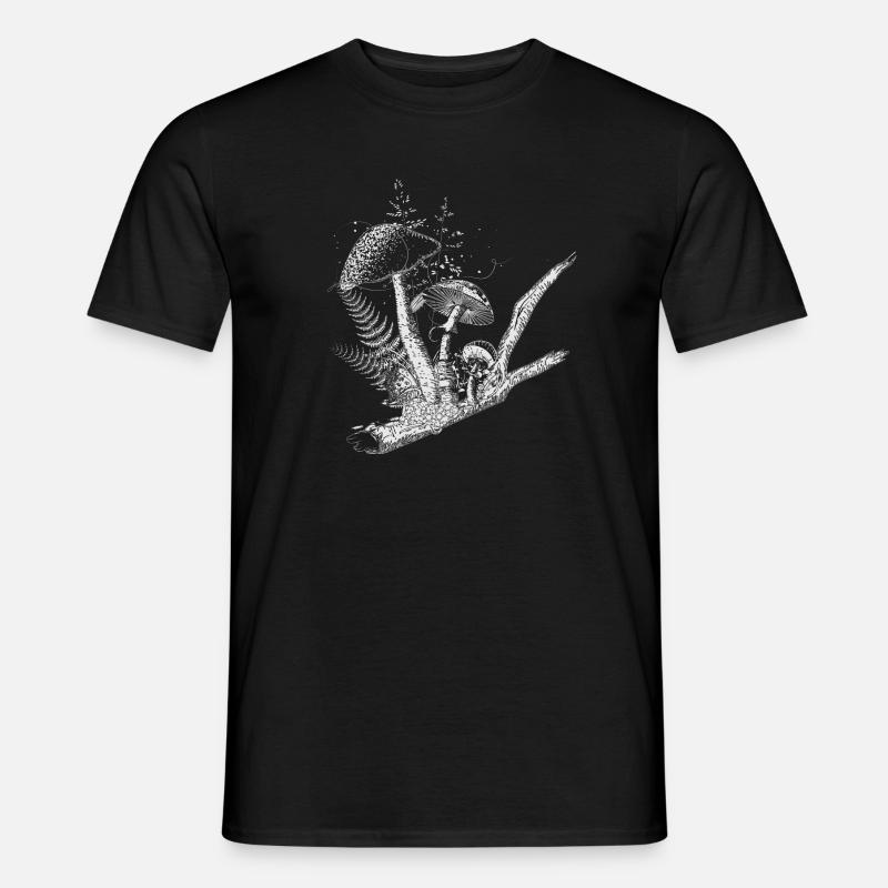 composition dessinée champignons forestiers, graminées et branches - T-shirt homme - noir