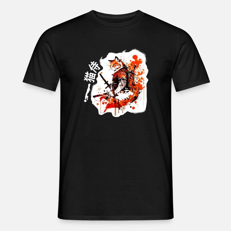 Samurai Katze in Rot - Männer T-Shirt - Schwarz
