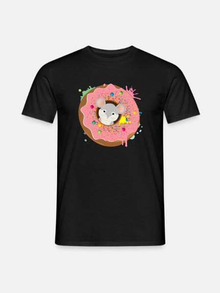 graue Maus sitzt im Donut mit rosa Glasur - Männer T-Shirt - Schwarz
