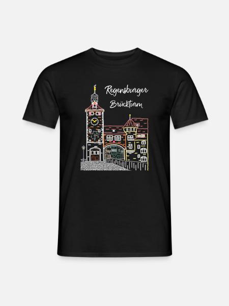 Regensburg, Brückturm, Strichzeichnung, Bayern - Männer T-Shirt - Schwarz