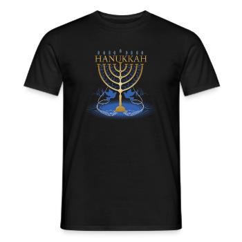 gold-colored Hanukkah candlestick with two doves - Men's T-Shirt - black - Front - AI Model Male 178 light (178cm)