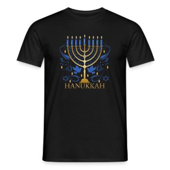 gold-colored Hanukkah candlestick with two doves - Men's T-Shirt - black - Front - AI Model Male 178 light (178cm)