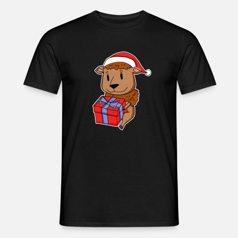 Bison mit Weihnachtsmütze und Weihnachtsgeschenk - Männer T-Shirt - Schwarz