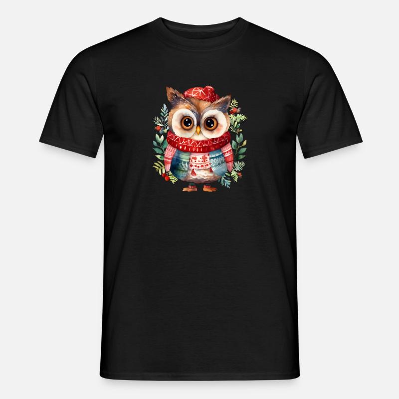 Wintereule mit rotem Schal - Männer T-Shirt - Schwarz