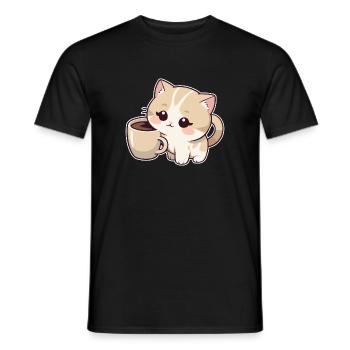 Kitten with coffee cup - Men's T-Shirt - black - Front - AI Model Male 178 light (178cm)
