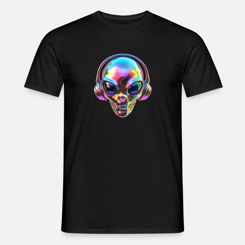 Chromatischer Alien-Kopf mit Kopfhörern - Männer T-Shirt - Schwarz