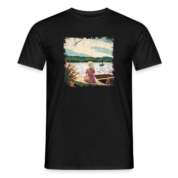 Woman sitting in boat by the water - Men's T-Shirt - black - Front - AI Model Male 178 light (178cm)