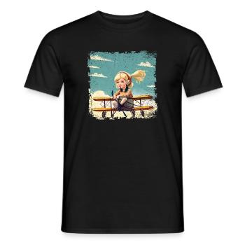 Fille assise sur un biplan | Fantaisie - T-shirt homme - noir - Devant - AI Model Male 178 light (178cm)