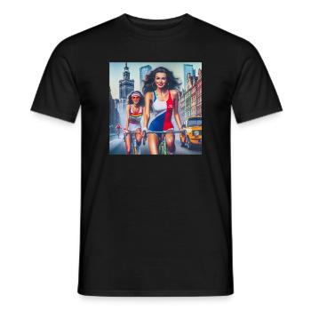 Zwei Mädchen, die im Retro-Warschau-Stil radeln - 80er-Jahre-Stil - Männer T-Shirt - Schwarz - Vorne - AI Model Male 178 light (178cm)
