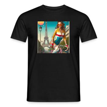 Schönes junges Mädchen fährt Fahrrad vor dem Eiffelturm - Männer T-Shirt - Schwarz - Vorne - AI Model Male 178 light (178cm)