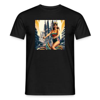Barcelone rétro : Belle fille à vélo - T-shirt homme - noir - Devant - AI Model Male 178 light (178cm)