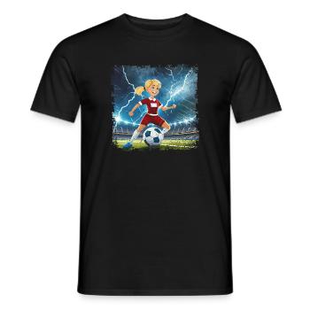 Female footballer cartoon character stadium with lightning bolts - Men's T-Shirt - black - Front - AI Model Male 178 light (178cm)