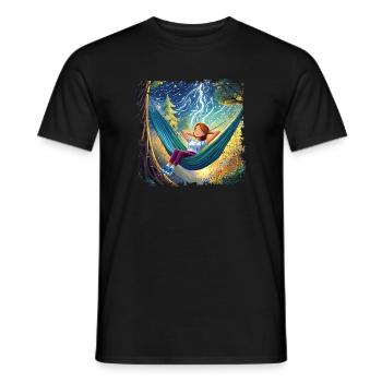 Girl on hammock, chilling, with flashes - Men's T-Shirt - black - Front - AI Model Male 178 light (178cm)