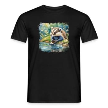 Niedlicher junger Dachs mit Handy, Kinderbuchstil - Männer T-Shirt - Schwarz - Vorne - AI Model Male 178 light (178cm)