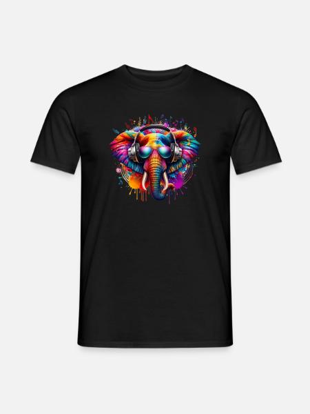 Bunter Elefant mit Kopfhörern - Männer T-Shirt - Schwarz