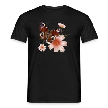 Papillon paon oeil avec des fleurs roses - T-shirt homme - noir - Devant - AI Model Male 178 light (178cm)