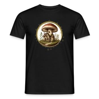 Design of a toadstool as a fairytale house in the forest - Men's T-Shirt - black - Front - AI Model Male 178 light (178cm)