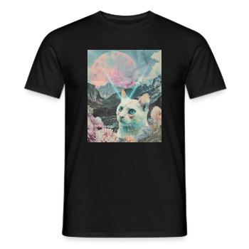 Chat comète entre les pics en fleurs - T-shirt homme - noir - Devant - AI Model Male 178 light (178cm)