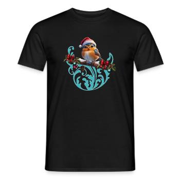 Cute Christmas bird sitting on a covered branch - Men's T-Shirt - black - Front - AI Model Male 178 light (178cm)