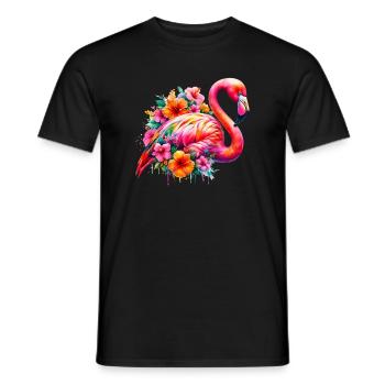 Flamant rose décoré de fleurs d’hibiscus - T-shirt homme - noir - Devant - AI Model Male 178 light (178cm)