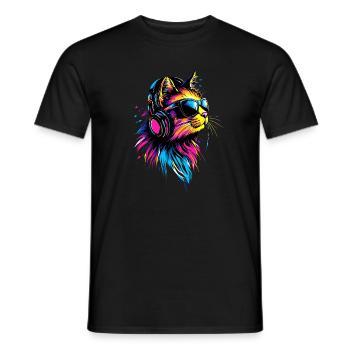 Katze Sonnenbrille Kopfhörer Musik Bunt DJ Katzen - Männer T-Shirt - Schwarz - Vorne - AI Model Male 178 light (178cm)