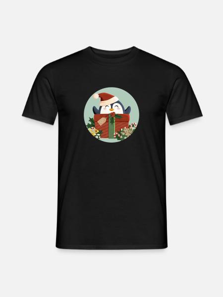 Pingouin mignon avec cadeau et chapeau de Père Noël - T-shirt homme - noir