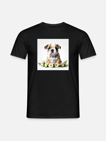 Niedlicher Bulldoggen Welpe mit Blumen - Männer T-Shirt - Schwarz