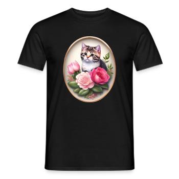 Vintage Katzenportrait mit Rosen - Männer T-Shirt - Schwarz - Vorne - AI Model Male 178 light (178cm)