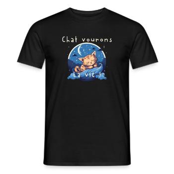 Chaton rêveur sur vague nocturne - T-shirt homme - noir - Devant - AI Model Male 178 light (178cm)