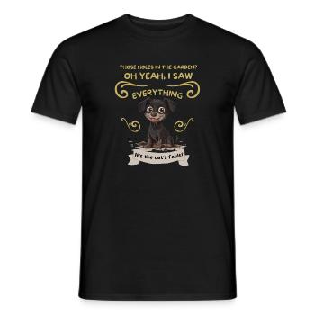Mud-Splashed Pup: Cat's Fault - Men's T-Shirt - black - Front - AI Model Male 178 light (178cm)