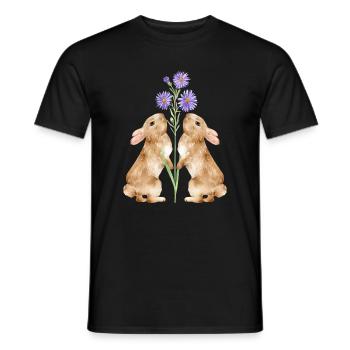 Deux mignons lapins avec des fleurs - T-shirt homme - noir - Devant - AI Model Male 178 light (178cm)