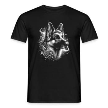 Deutscher Schäferhund mit Blumen-Deko als Porträt - Männer T-Shirt - Schwarz - Vorne - AI Model Male 178 light (178cm)