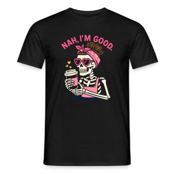 Pink Retro Skeleton with Coffee and Heart Shades - Men's T-Shirt - black - Front - AI Model Male 178 light (178cm)