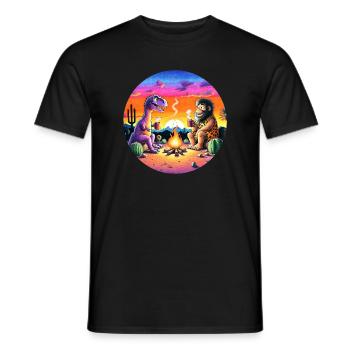 Illustration de rencontre préhistorique autour d’un feu de camp - T-shirt homme - noir - Devant - AI Model Male 178 light (178cm)