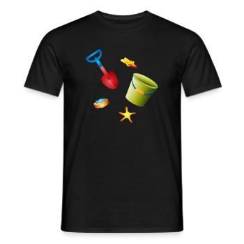 Colorful shovel and bucket with molds on the beach - Men's T-Shirt - black - Front - AI Model Male 178 light (178cm)