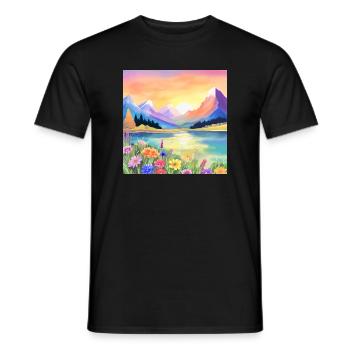 Sonnenuntergang über den Bergen, dem See und den Blumen - Männer T-Shirt - Schwarz - Vorne - AI Model Male 178 light (178cm)