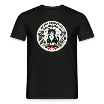 Festlicher Stechpalmenkranz mit schwarzer Katze - Männer T-Shirt - Schwarz - Vorne - AI Model Male 178 light (178cm)
