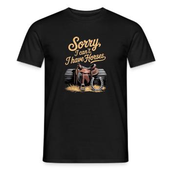 Désolé, je ne peux pas, j'ai des chevaux. Cheval disant cavalier - T-shirt homme - noir - Devant - AI Model Male 178 light (178cm)