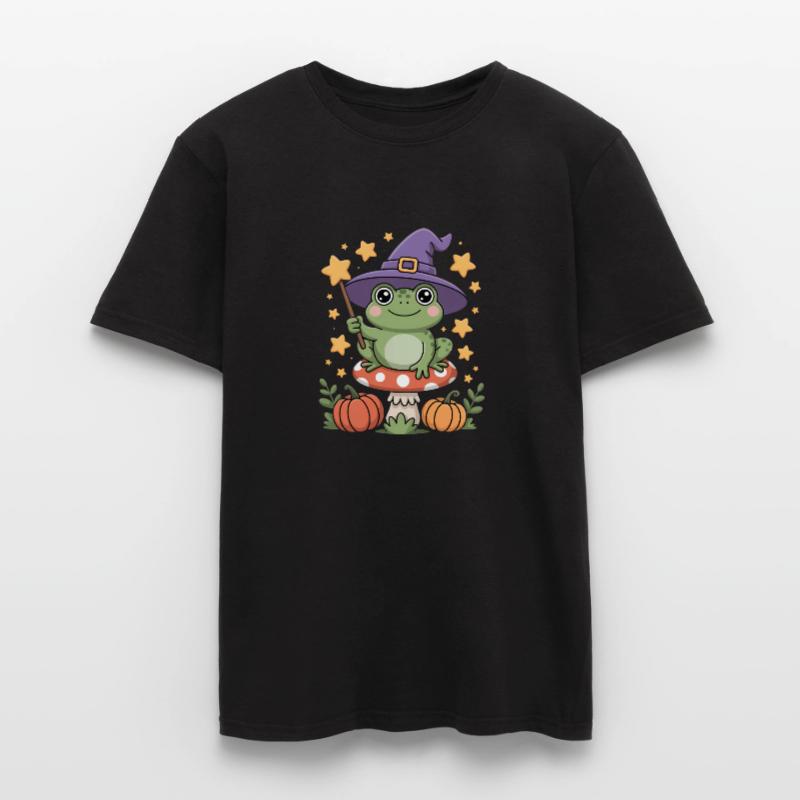 Cute witch frog on toadstool with magic wand Men’s T-shirt