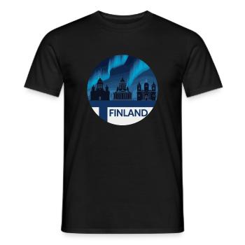 Northern Lights over Finland silhouette with - Men's T-Shirt - black - Front - AI Model Male 178 light (178cm)