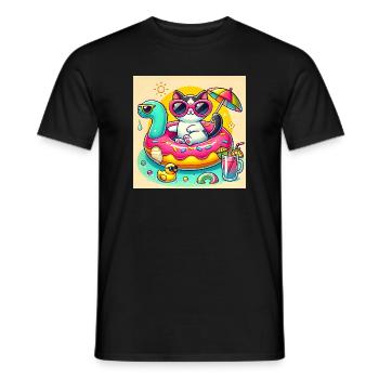 Cute Cat on Colorful Pool Buoy - Men's T-Shirt - black - Front - AI Model Male 178 light (178cm)