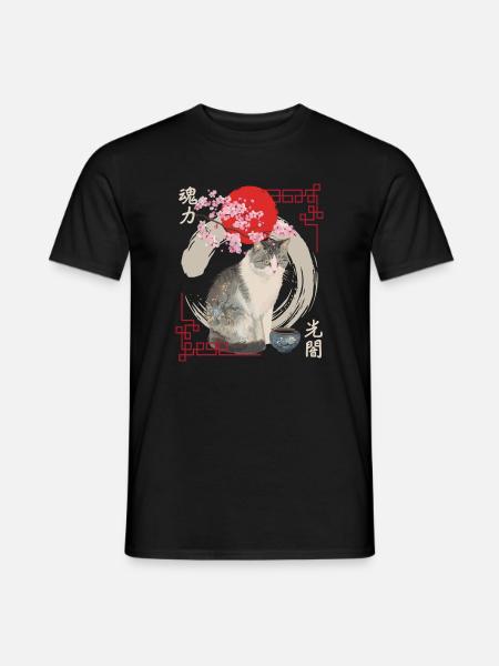 Japanese cat with cherry blossoms - Men's T-Shirt - black