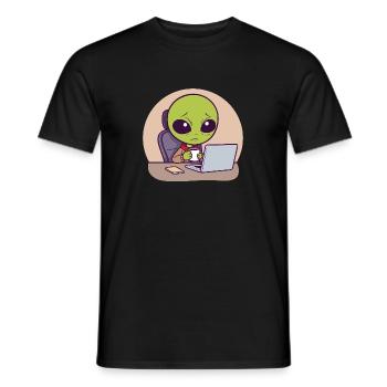 Stressed alien at desk with coffee - Men's T-Shirt - black - Front - AI Model Male 178 light (178cm)