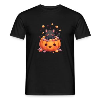 Halloween Katze mit Halloween Kürbis - Männer T-Shirt - Schwarz - Vorne - AI Model Male 178 light (178cm)